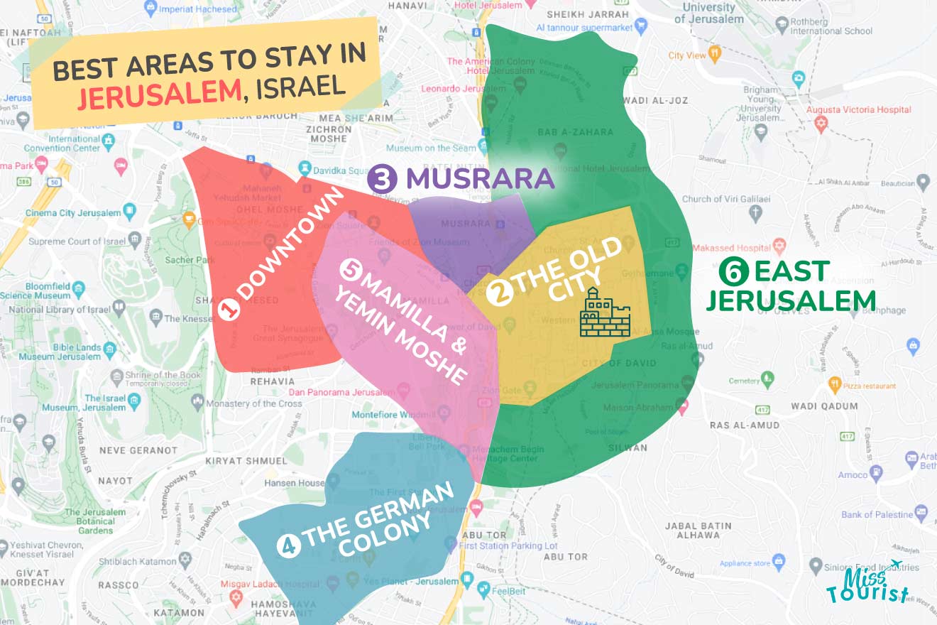 A colorful map highlighting the best areas to stay in Jerusalem, with numbered locations and labels for easy navigation