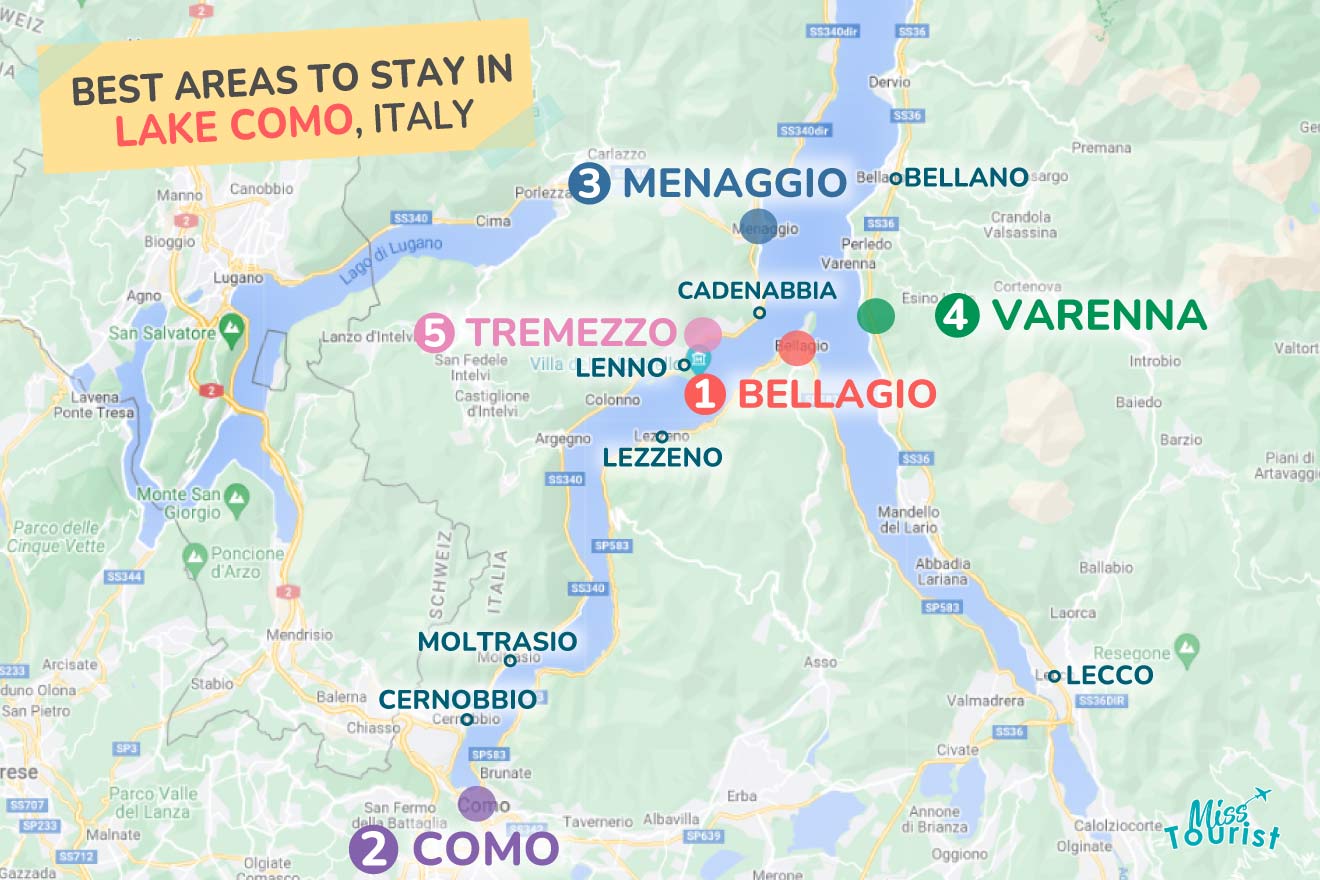 A colorful map highlighting the best areas to stay around Lake Como, Italy, with numbered locations and labels for easy navigation