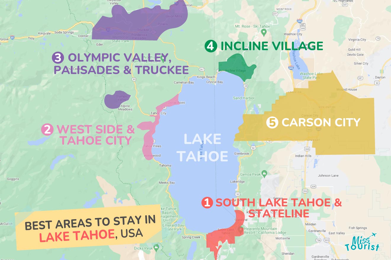 A colorful map highlighting the best areas to stay in Lake Tahoe, with numbered locations and labels for easy navigation