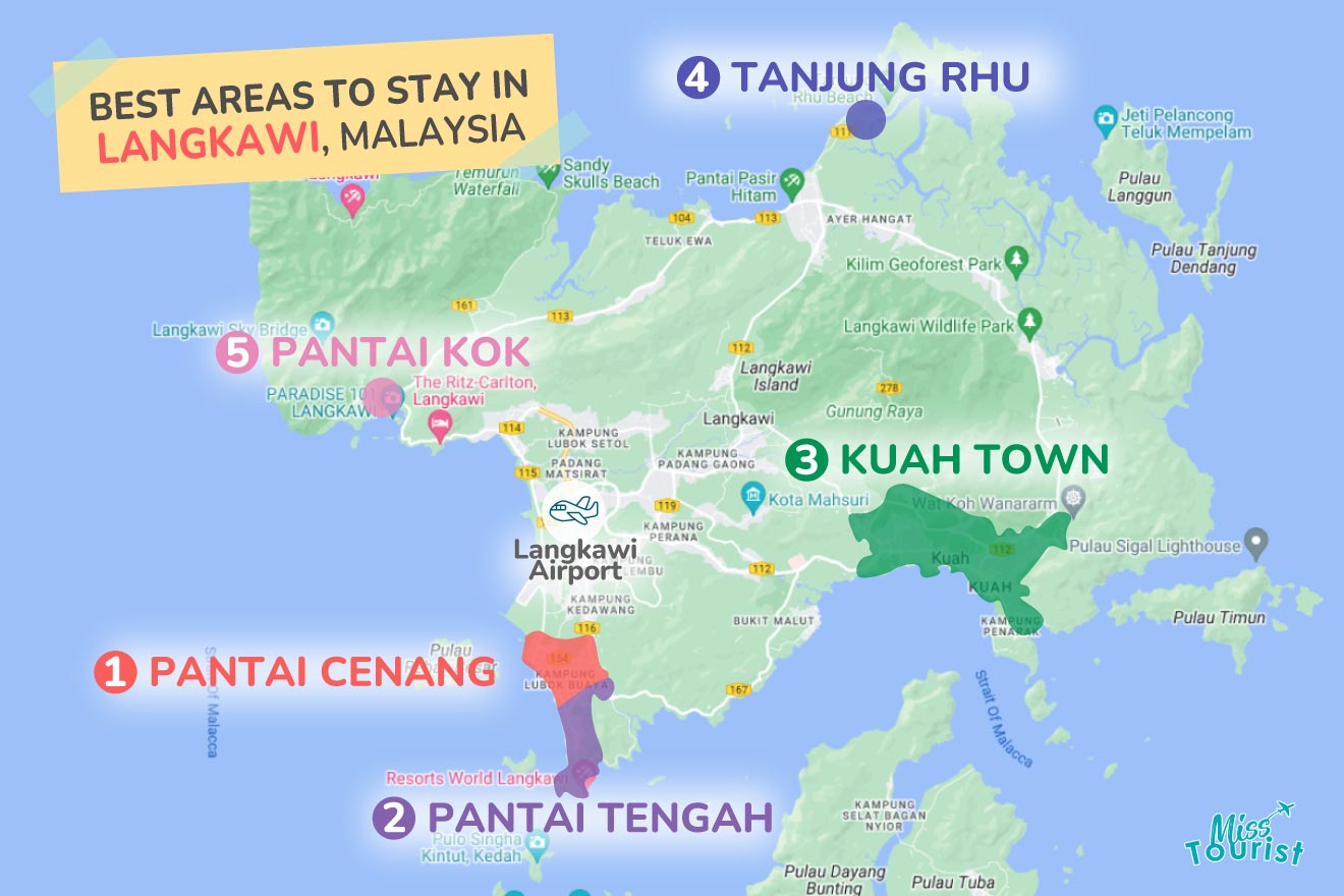 A colorful map highlighting the best areas to stay in Langkawi, with numbered locations and labels for easy navigation