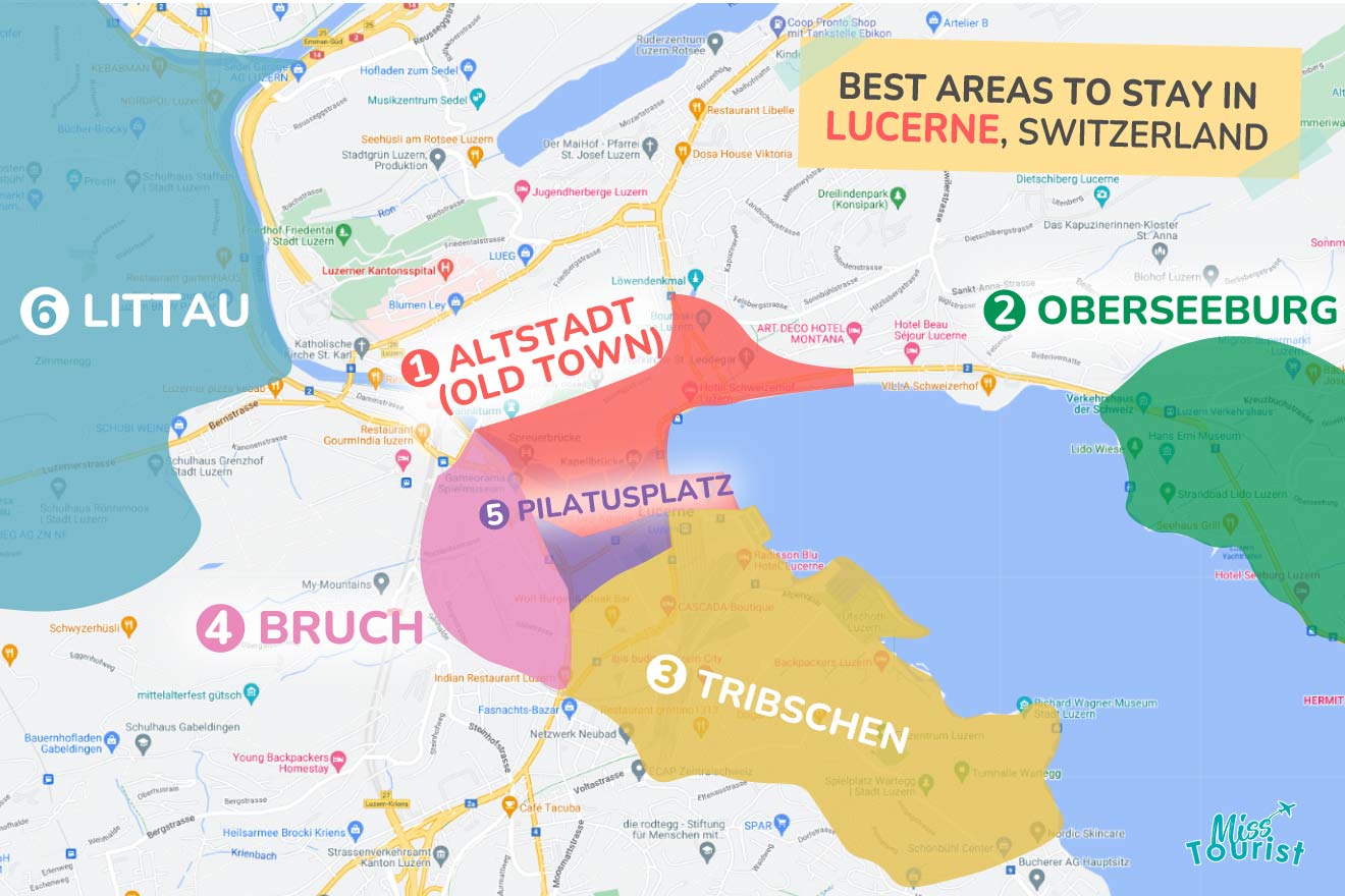 A colorful map highlighting the best areas to stay in Lucerne, with numbered locations and labels for easy navigation