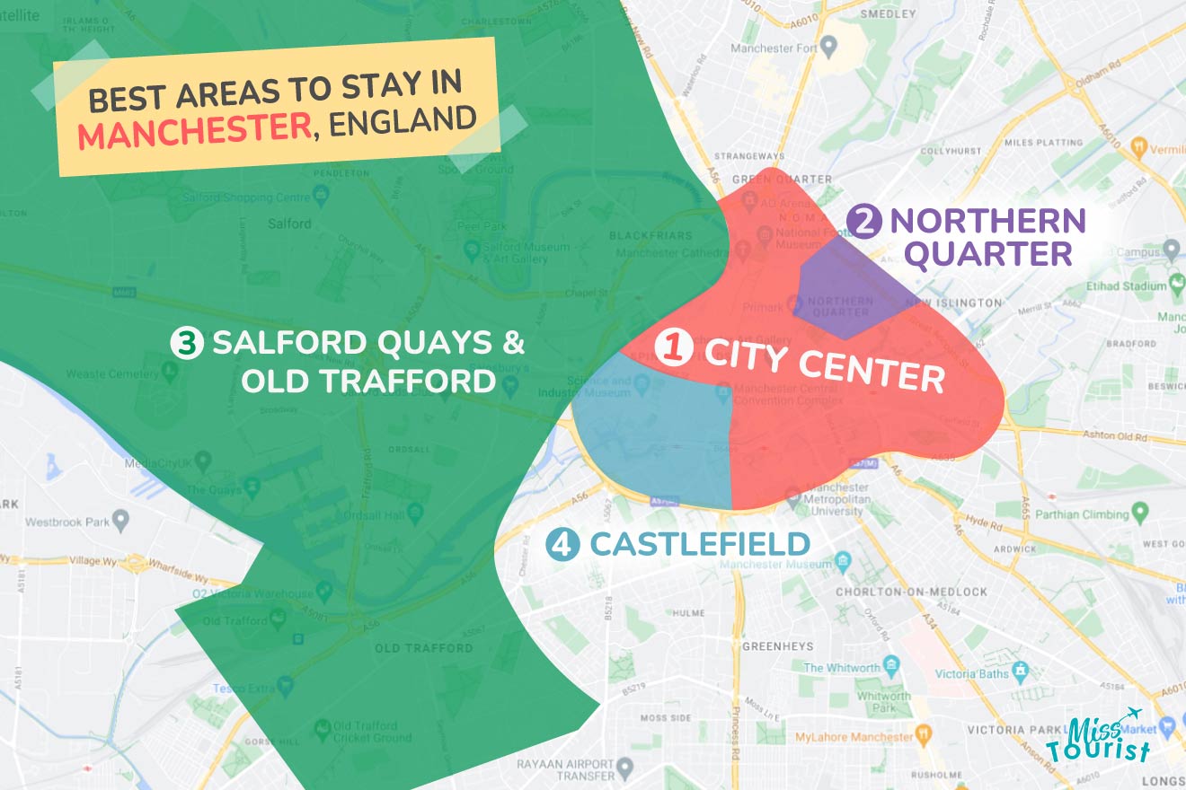 A colorful map highlighting the best areas to stay in Manchester, with numbered locations and labels for easy navigation
