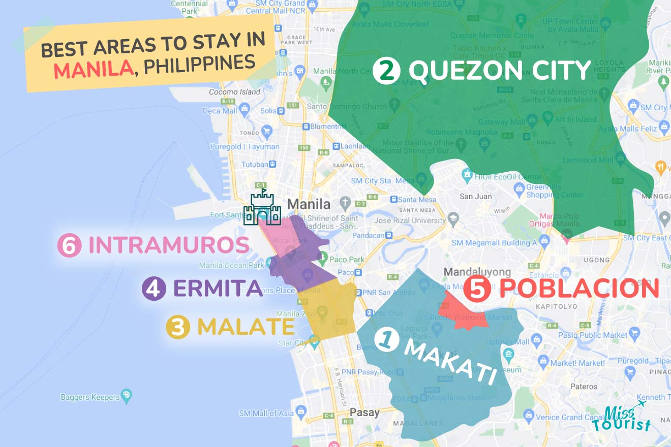 Illustrative map of Manila highlighting the best areas to stay in, including Quezon City, Intramuros, Ermita, Malate, Makati, and Poblacion, with color-coded zones