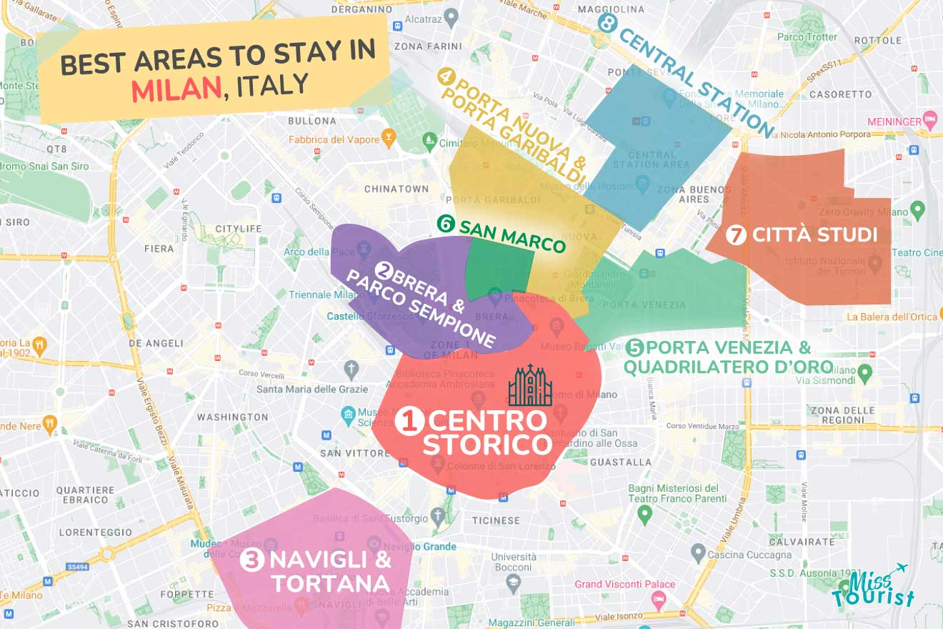 A colorful map highlighting the best areas to stay in Milan, with numbered locations and labels for easy navigation