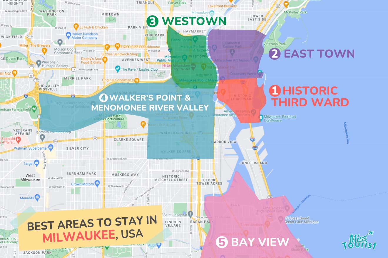 A colorful map highlighting the best areas to stay in Milwaukee, with numbered locations and labels for easy navigation