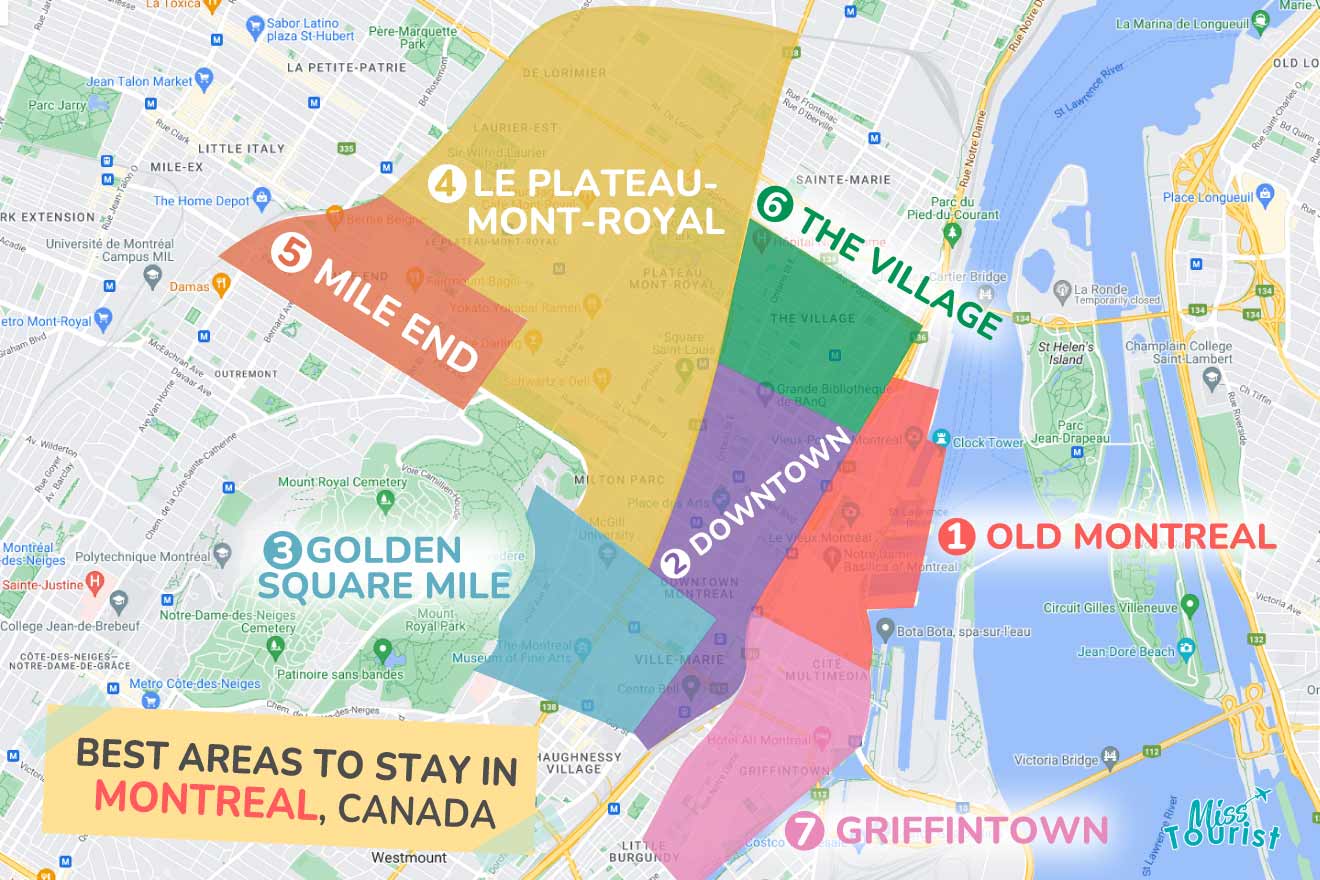 A colorful map highlighting the best areas to stay in Montreal, with numbered locations and labels for easy navigation
