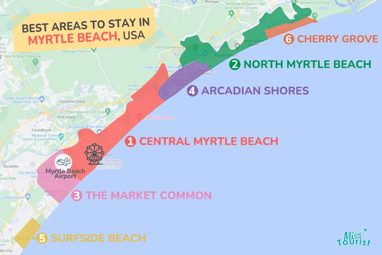 A colorful map highlighting the best areas to stay in Myrtle-Beach, with numbered locations and labels for easy navigation