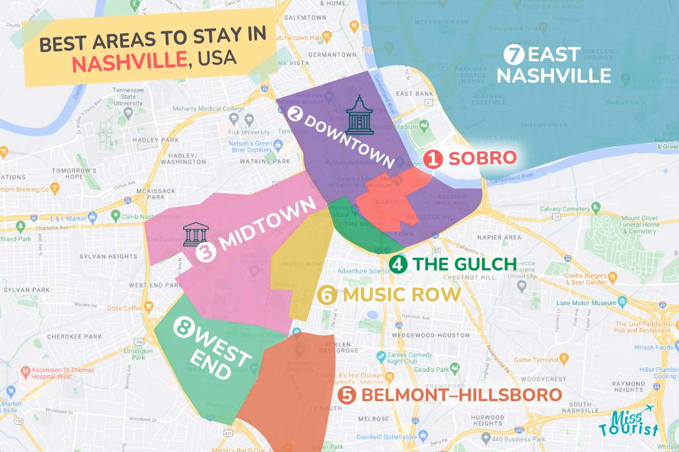 A colorful map highlighting the best areas to stay in Nashville, with numbered locations and labels for easy navigation