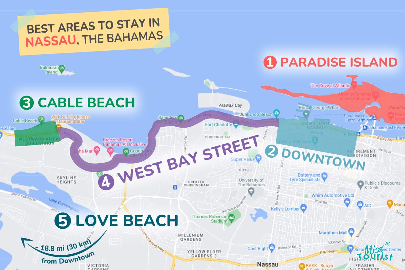 A colorful map highlighting the best areas to stay in Nassau, with numbered locations and labels for easy navigation