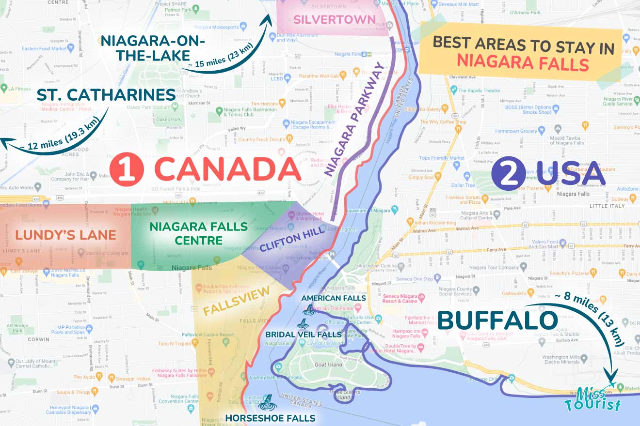 A colorful map highlighting the best areas to stay in Niagara Falls, with numbered locations and labels for easy navigation