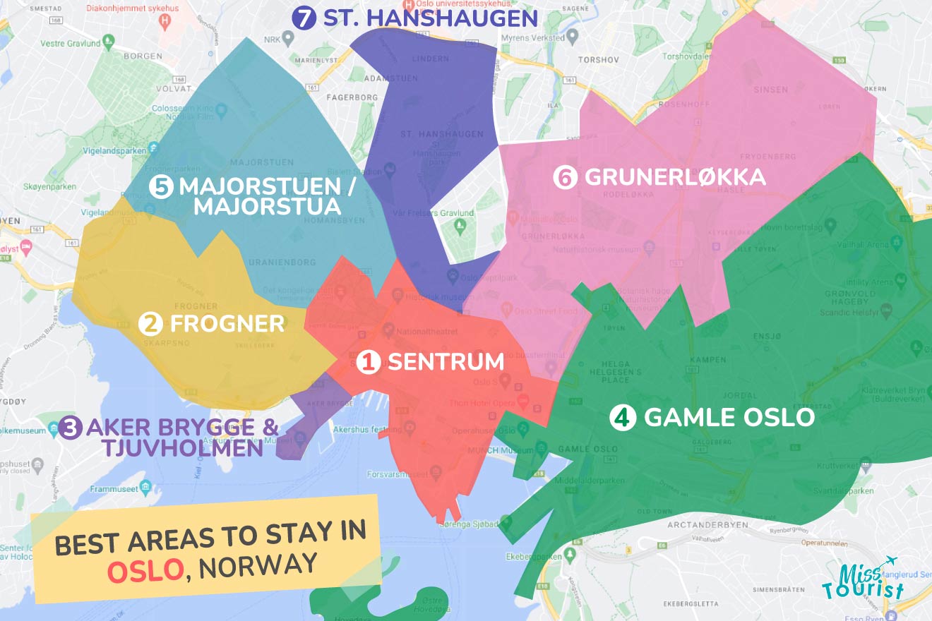A colorful map highlighting the best areas to stay in Oslo, with numbered locations and labels for easy navigation