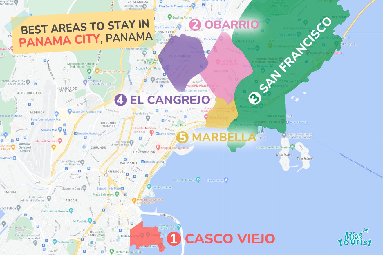 A colorful map highlighting the best areas to stay in Panama-City, with numbered locations and labels for easy navigation