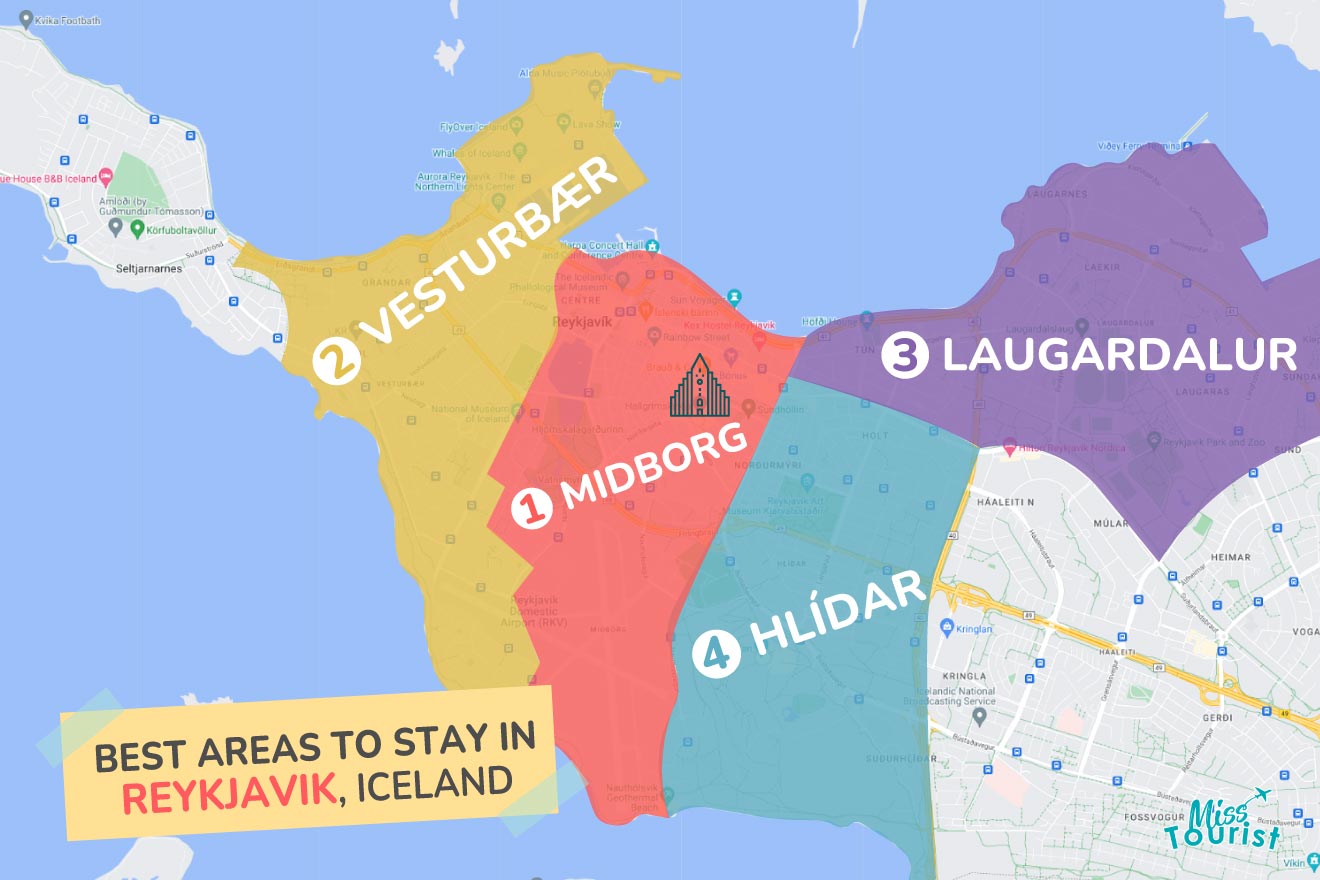 A colorful map highlighting the best areas to stay in Reykjavik, with numbered locations and labels for easy navigation