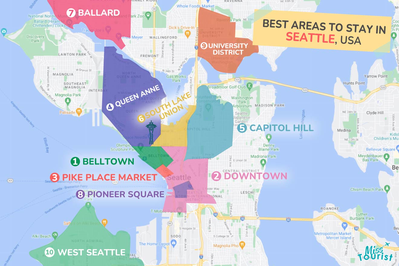 A colorful map highlighting the best areas to stay in Seattle, with numbered locations and labels for easy navigation