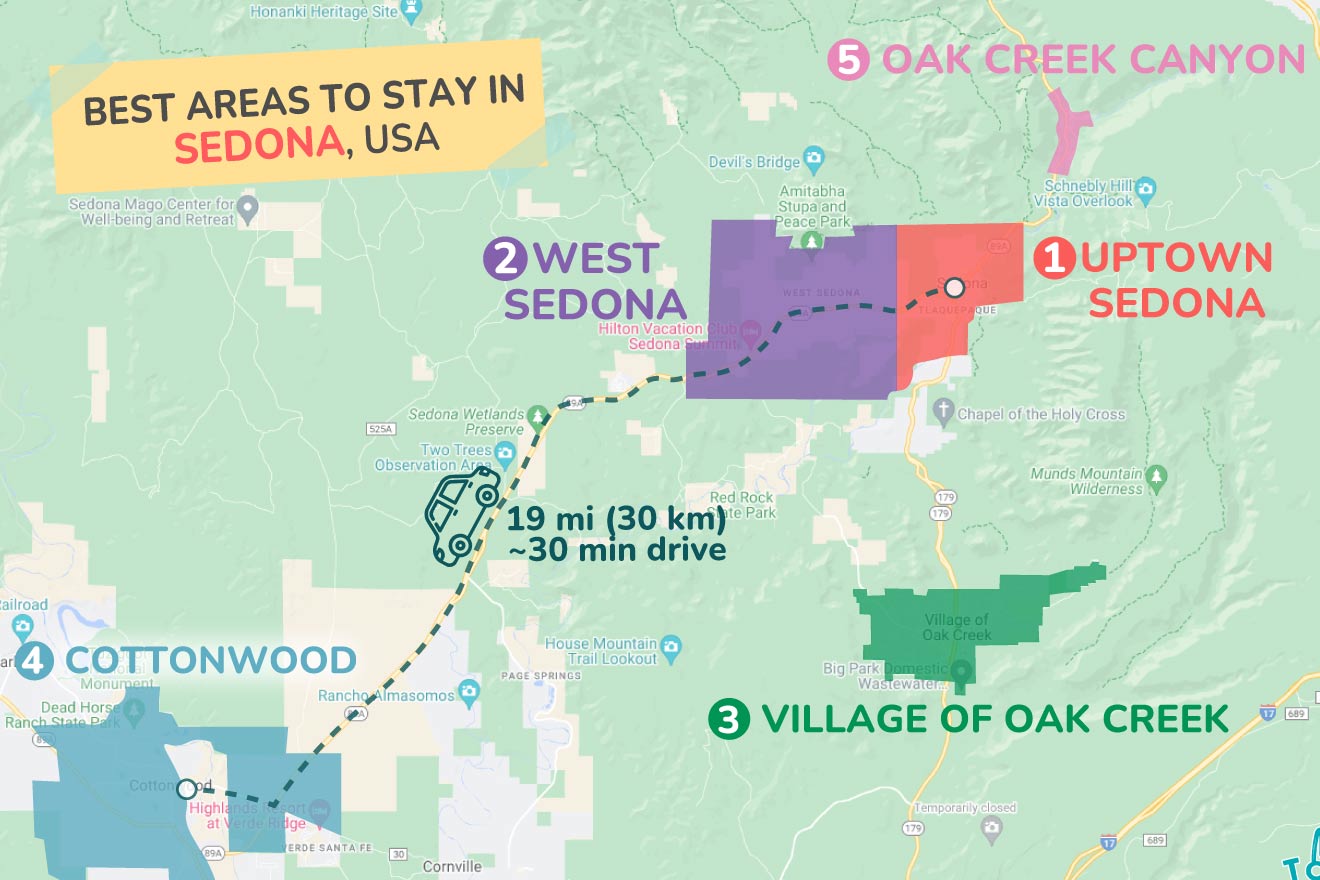 A colorful map highlighting the best areas to stay in and around Sedona, with numbered locations and labels for easy navigation