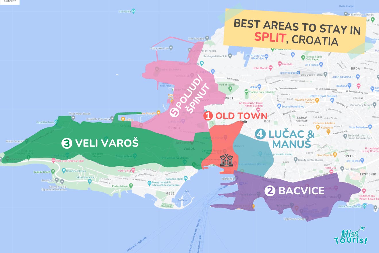 Color-coded map showing the best areas to stay in Split, Croatia, with labeled sections such as "Old Town" and "Bacvice.