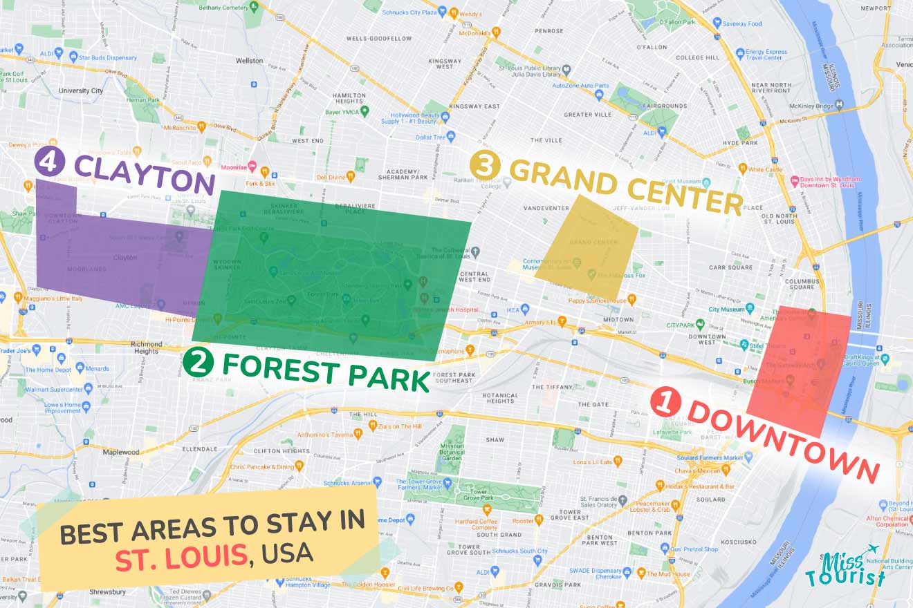 A colorful map highlighting the best areas to stay in St. Louis, with numbered locations and labels for easy navigation