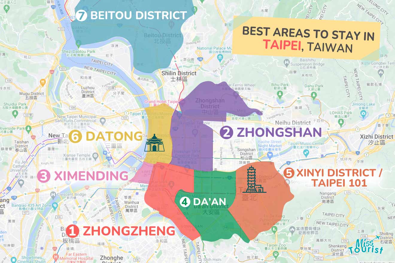 A colorful map highlighting the best areas to stay in Taipei, with numbered locations and labels for easy navigation