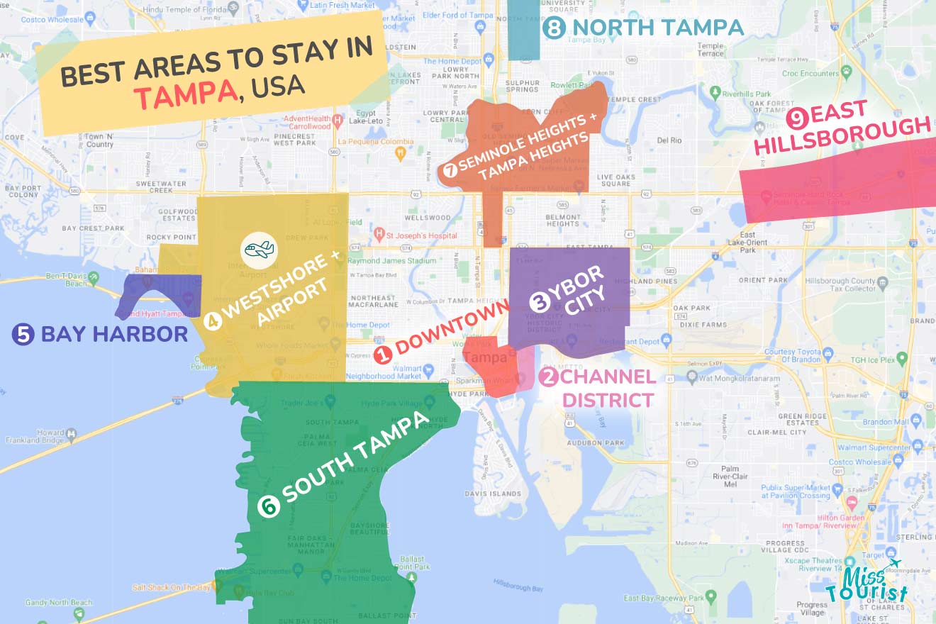A colorful map highlighting the best areas to stay in Tampa, with numbered locations and labels for easy navigation