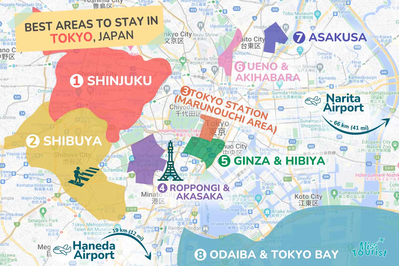 A colorful map highlighting the best areas to stay in Tokyo, with numbered locations and labels for easy navigation
