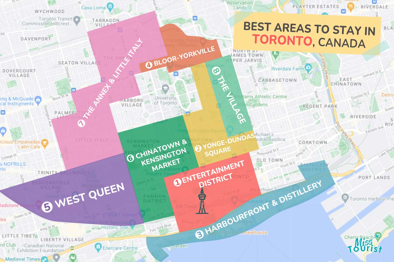 A colorful map highlighting the best areas to stay in Toronto, with numbered locations and labels for easy navigation