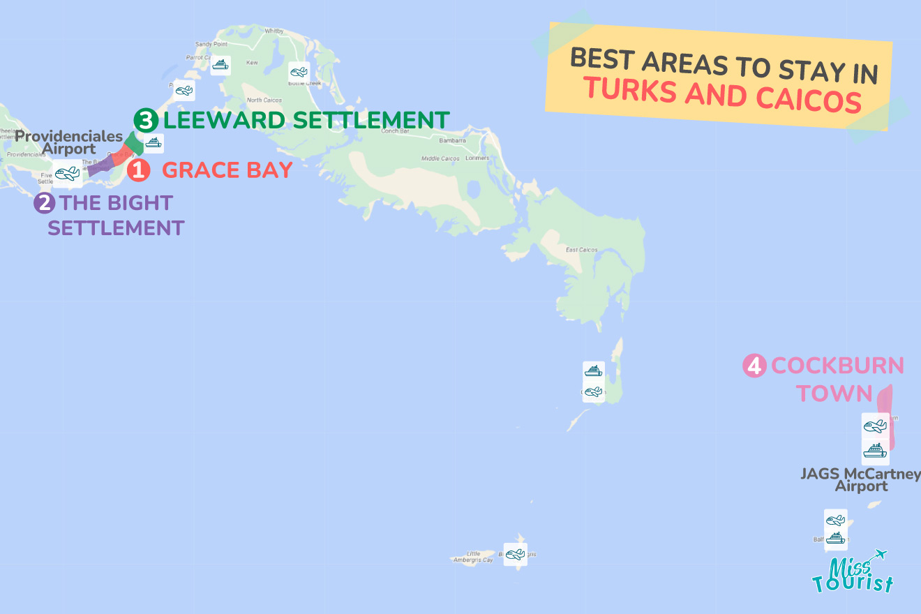 A colorful map highlighting the best areas to stay in Turks and Caicos, with numbered locations and labels for easy navigation