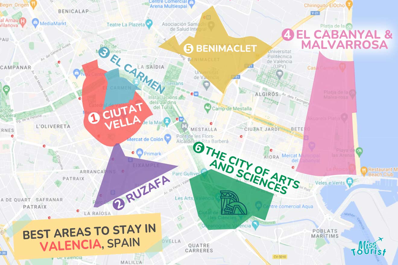 A colorful map highlighting the best areas to stay in Valencia, with numbered locations and labels for easy navigation