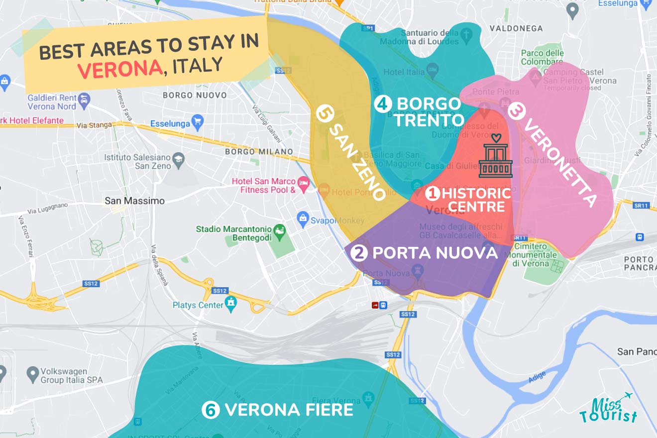 A map of Verona, Italy, marking the best areas to stay with different colors, including the Historic Centre and Borgo Trento.