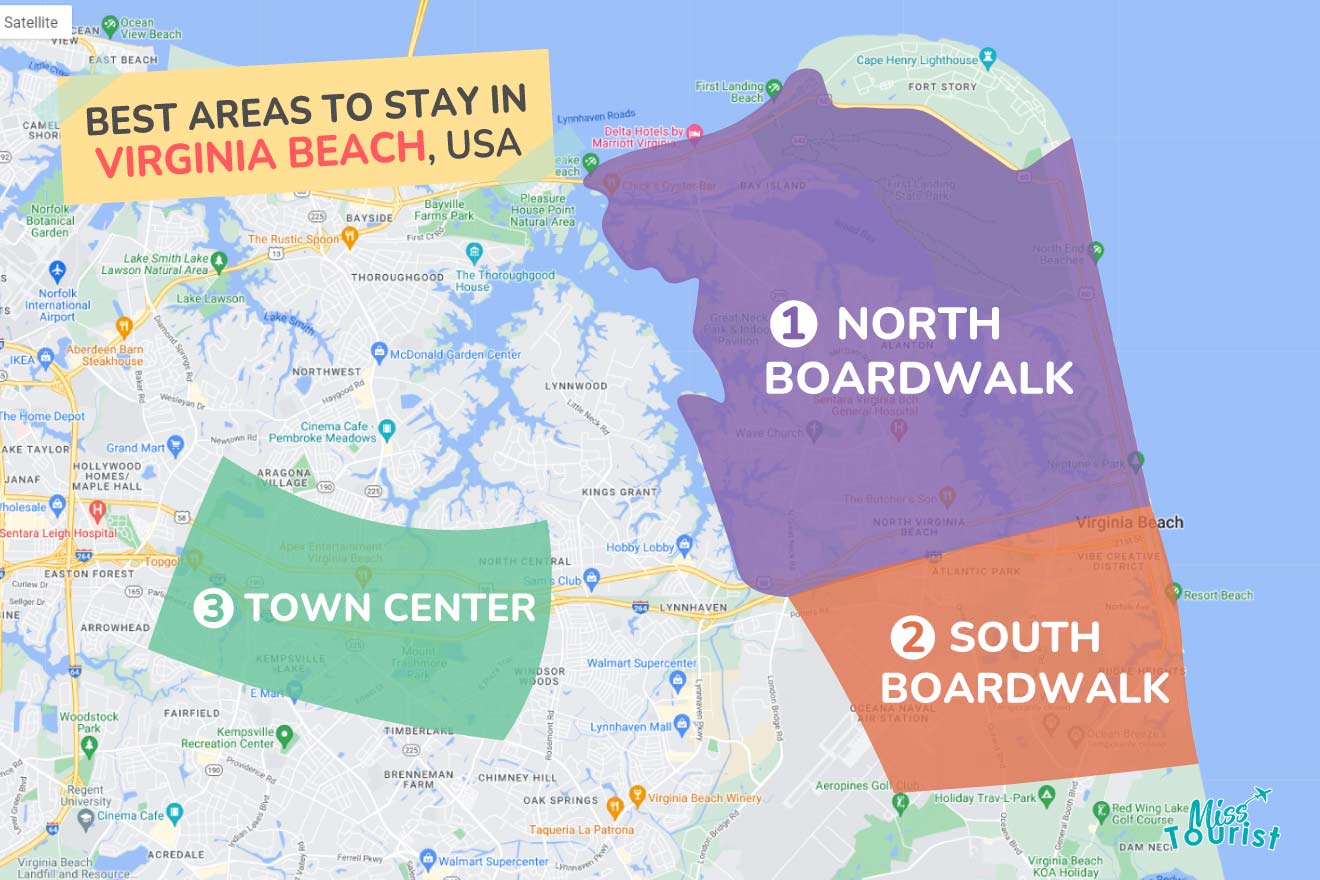 A colorful map highlighting the best areas to stay in Virginia Beach, with numbered locations and labels for easy navigation