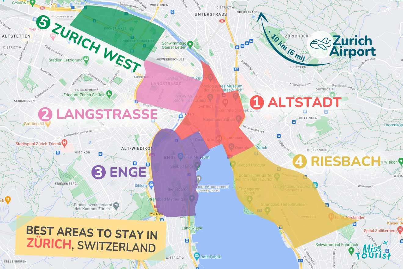 A colorful map highlighting the best areas to stay in Zurich, with numbered locations and labels for easy navigation