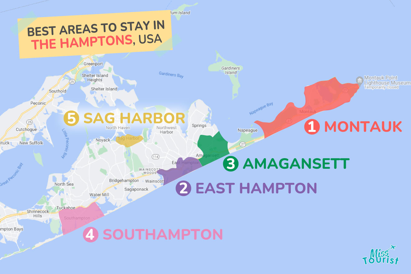 A colorful map highlighting the best areas to stay in Hamptons, with numbered locations and labels for easy navigation