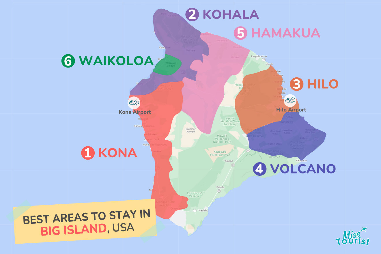 A colorful map highlighting the best areas to stay on the Big Island Hawaii, with numbered locations and labels for easy navigation