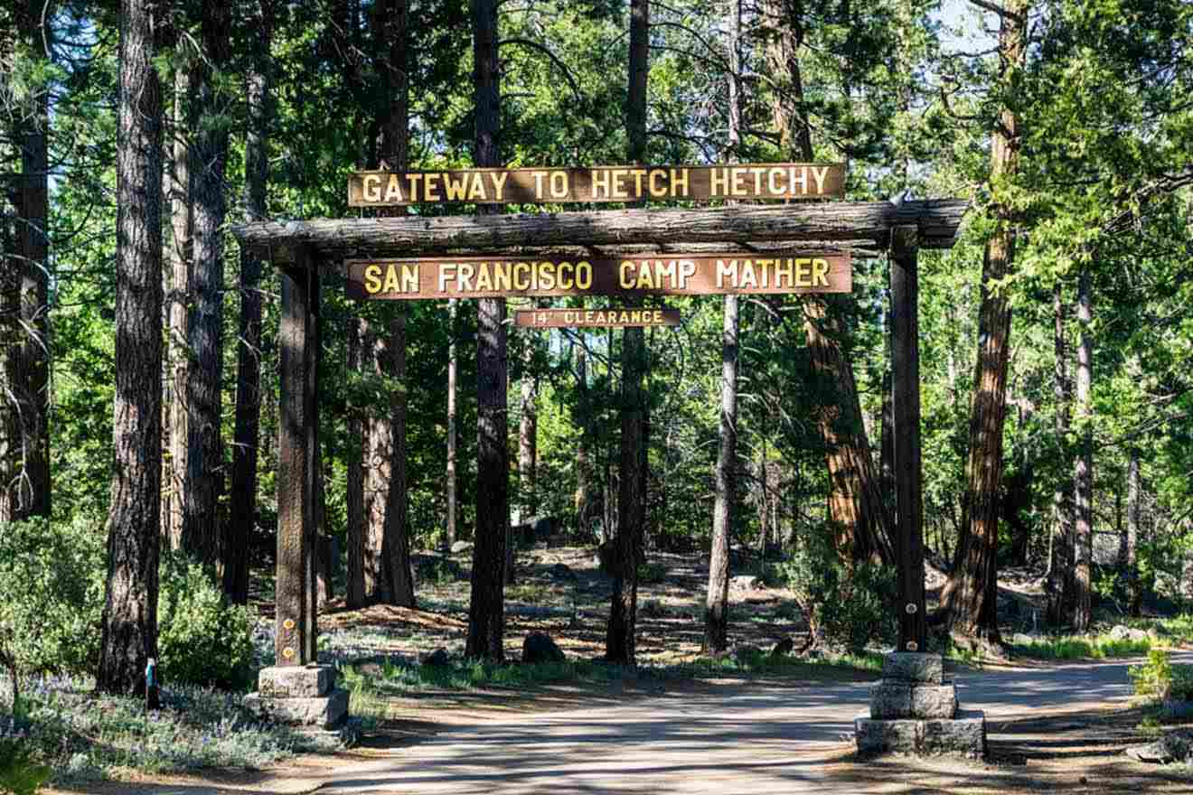 Wooden gateway with signs reading "Gateway to Hetch Hetchy" and "San Francisco Camp Mather" amid a forest of tall pine trees.