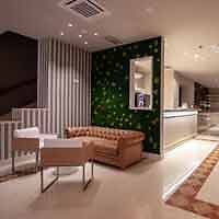 Contemporary hotel lobby with a green feature wall, chic leather couch, and clean white reception desk, providing a welcoming and modern atmosphere.