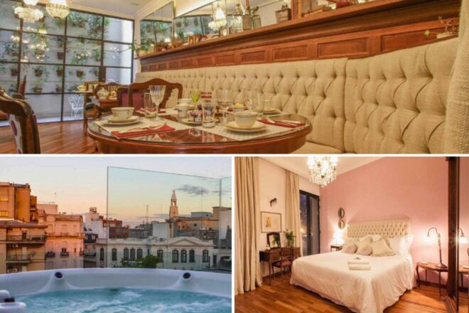A collage of three hotel photos to stay in Montevideo: a refined dining area with a large round table and tufted seating, a luxurious room with city views and a hot tub, and a bedroom with soft pink walls and vintage decor.