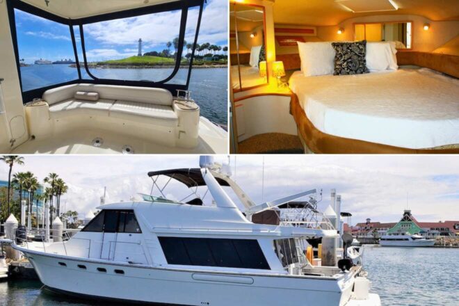 A collage of four photos related to Long Beach: the interior view from a yacht showcasing a comfortable seating area with a clear view of the lighthouse, a cozy yacht cabin with a bed and warm lighting, the exterior of a luxury yacht docked at the marina, and a view of the harbor with other boats in the background.