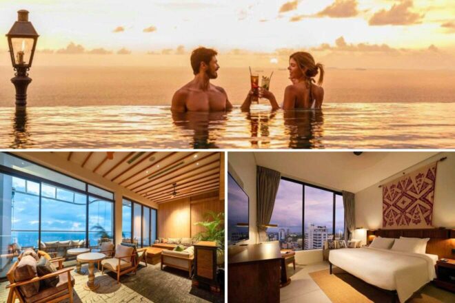 A collage of three hotel photos to stay in Colombo: a couple enjoying cocktails in an infinity pool at sunset, a modern lounge with ocean views, and a chic bedroom with a large window and cityscape backdrop.