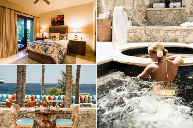 A collage of three hotel photos to stay in Los Cabos: A cozy bedroom with a tropical-themed blue and beige bedspread and balcony access, a luxurious outdoor hot tub with a relaxing guest, and a seaside dining area with colorful cushions and a clear view of the ocean.
