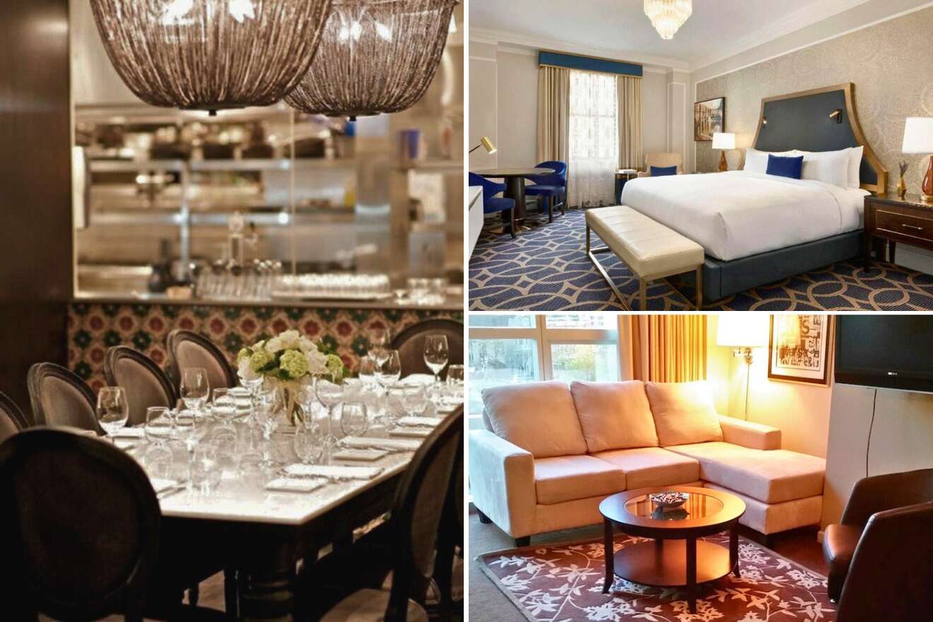 A collage of three hotel photos to stay in Downtown Core, Vancouver: a luxurious dining room with crystal chandeliers, an elegant bedroom with navy accents and a geometric-patterned carpet, and a cozy living space with soft lighting and a comfortable sofa.