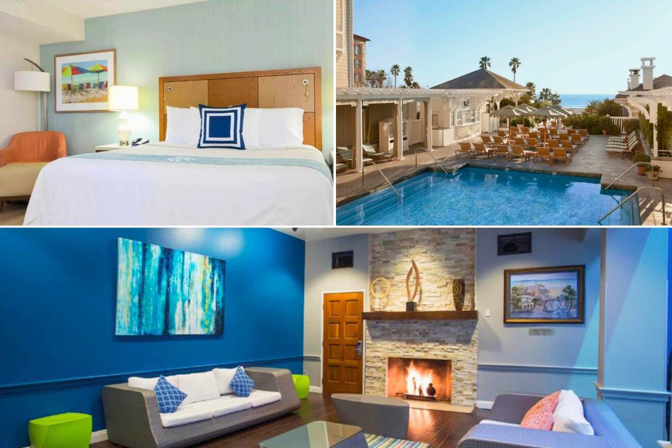 A collage of four hotel photos to stay in Santa Monica: A cozy hotel room with modern furnishings and a colorful beach painting, a luxurious poolside area with loungers and private cabanas overlooking the sea, a vibrant living room with a striking blue wall and modern art, and an inviting lounge with a stone fireplace and elegant decor.