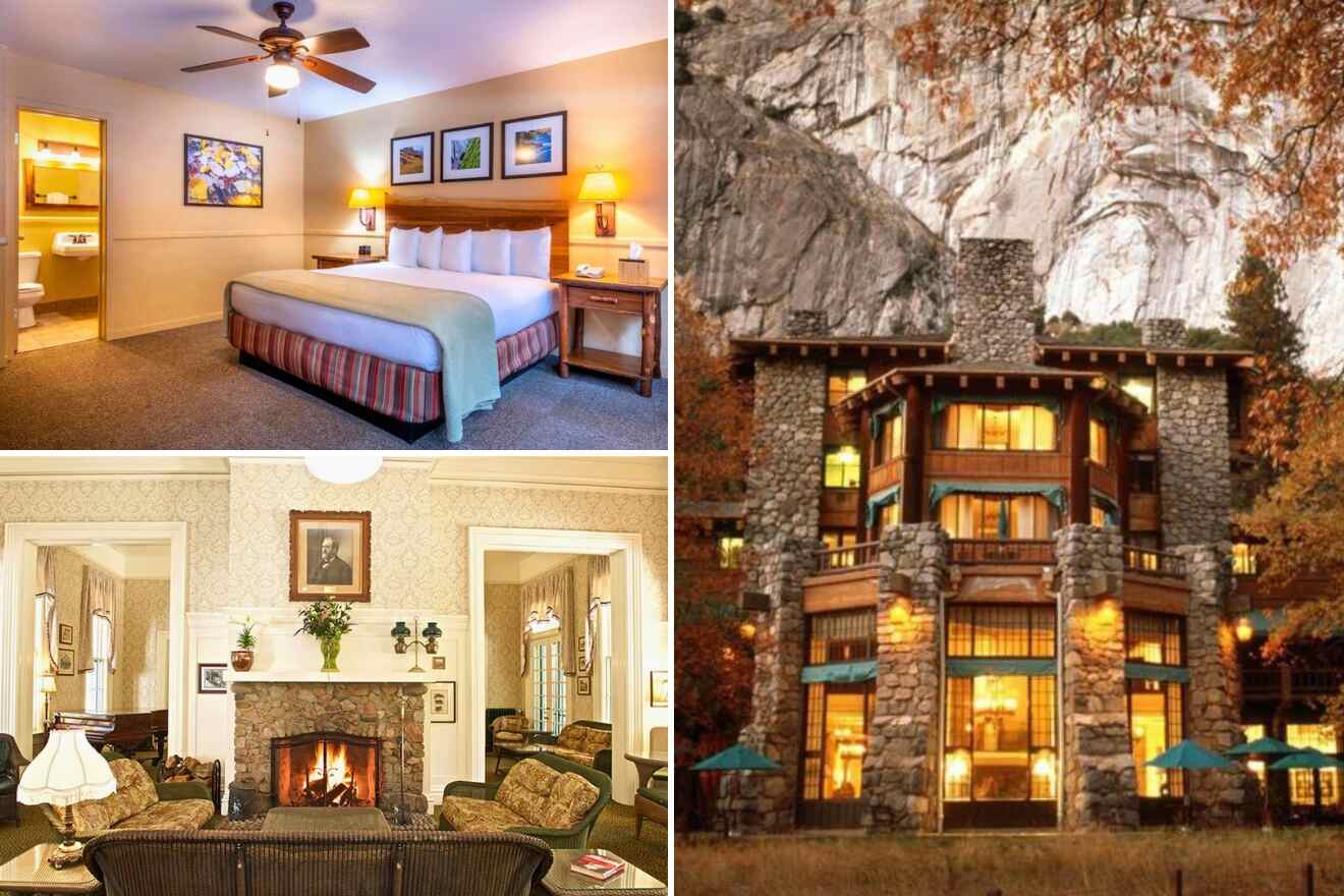 A collage of two hotel photos in Yosemite: a cozy bedroom with warm lighting and nature-inspired art and a majestic stone lodge nestled against a backdrop of towering cliffs and autumn foliage.