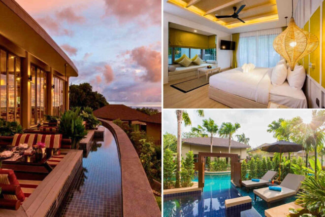 A collage of three hotel photos to stay in Phuket: A twilight view of an infinity pool at a hillside resort, a modern bedroom with a large hanging lamp and plush white bedding, and a private villa with a pool and sun loungers under an umbrella.