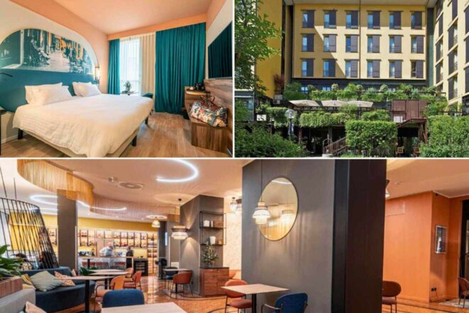 A collage of three hotel photos in Bologna: a sleek bedroom with a large mural over the bed, a view of the hotel’s modern exterior surrounded by greenery, and a stylish café area with contemporary lighting and seating.
