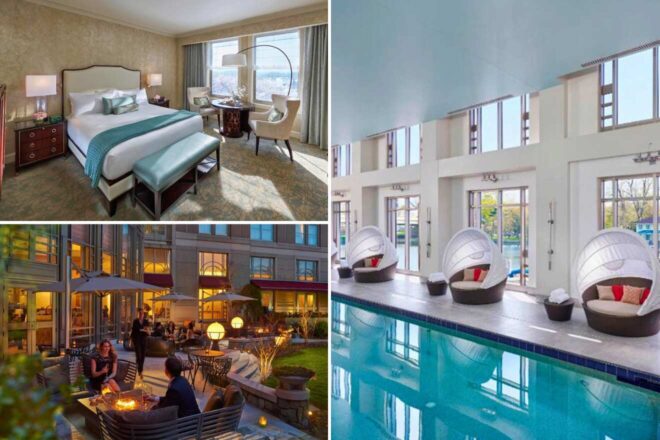 A collage of three hotel photos to stay in Washington DC: a luxurious room with a city view, a relaxing poolside with unique pod loungers, and a vibrant outdoor patio with fire pits and evening ambience.
