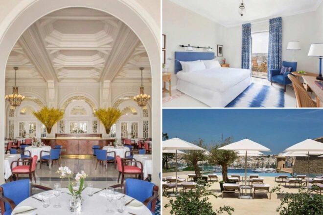 A collage of three hotel photos to stay in Valletta: a grand dining hall with ornate white architecture and golden decor, a cozy bedroom with a view of the city and blue accents, and a serene beachside setup with umbrella-shaded loungers.