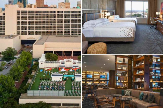 A collage of three hotel photos to stay in Fort Worth: an aerial view of a hotel's exterior with a spacious outdoor event area, a guest room featuring twin beds with sprinkled gold leaf decorations and a cozy seating area, and an elegant hotel lounge with an extensive bookshelf and comfortable sofas.
