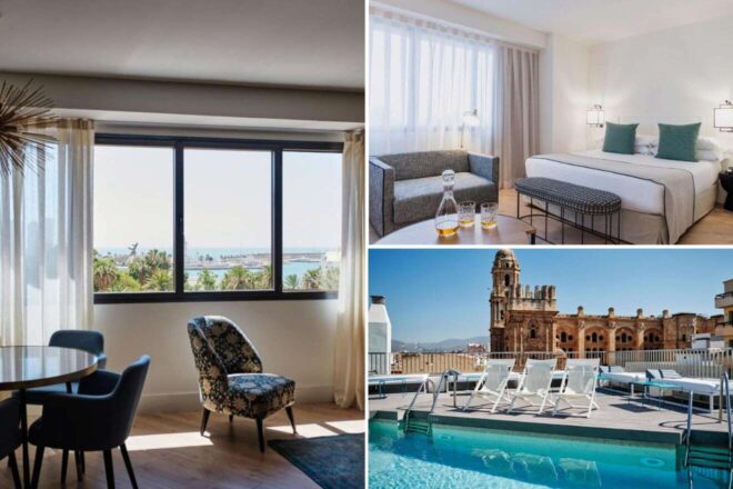 A collage of three hotel photos to stay in Malaga: a dining area with a view of the palm-lined coast through large windows, a minimalist bedroom with a plush bed and soft turquoise accents, and a rooftop pool offering a glimpse of historic architecture.