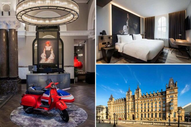 A collage of three hotel photos to stay in Liverpool: a sophisticated lobby featuring a classic painting and a vibrant red scooter, a cozy bedroom with a large bed and artistic wall decor, and the historic exterior of a grandiose hotel building against a clear blue sky.