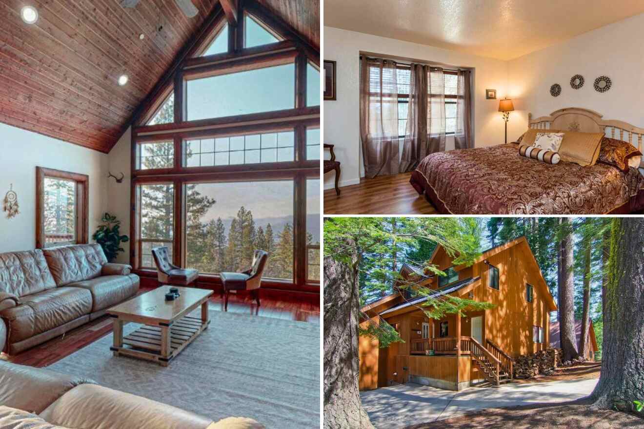 A collage of two hotel photos in Yosemite: a spacious living room with vaulted ceilings and large windows offering a forest view and a charming cabin surrounded by tall pines providing a secluded retreat.