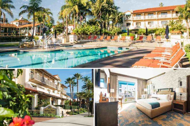 A collage of three hotel photos to stay in Santa Barbara: an opulent living room with elegant furnishings and art at Rosewood Miramar Beach, the iconic entrance sign and guests descending the stairs at the Miramar, and a bedroom with ocean views opening onto a balcony